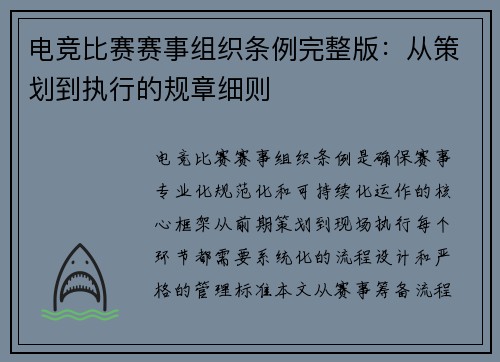 电竞比赛赛事组织条例完整版：从策划到执行的规章细则